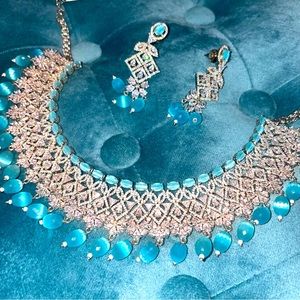 Blue CZ Diamond and ferozi necklace and earrings set NEW